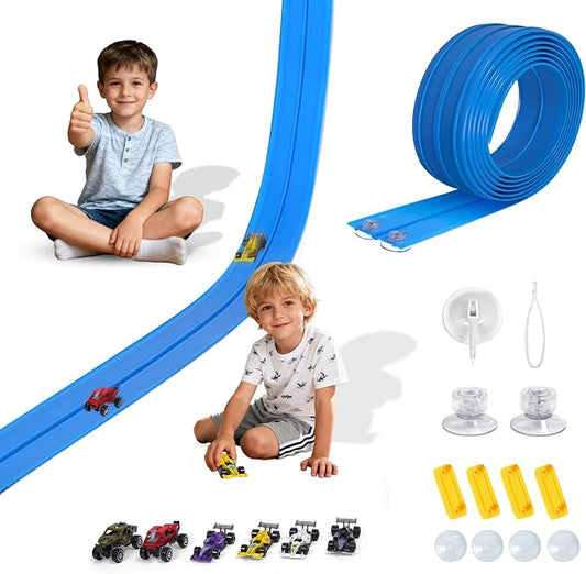 Portable DIY 16ft Flexible Race Track with Roll-Up Storage Compatible with 1/64 Diecast Cars Ages 3+（Includes 6 Racing Cars）