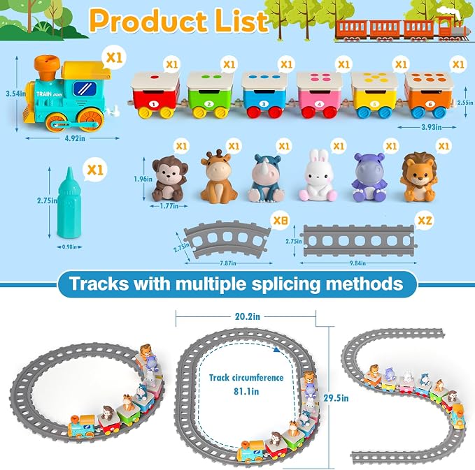 Zoo Animal Train Toys for Toddlers 2-4, Kids Electric Train Set with Music, Steam & Lights, Montessori Learning Toys with Finger Puppets, Christmas Birthday Gifts for Boys Girls Age 18 Months+