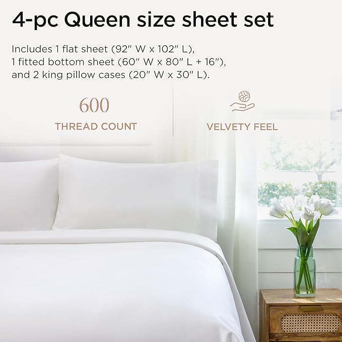 Threadmill 100% Cotton Sheets for Queen Size Bed - 600 Thread Count Queen Bed Sheets Set with 16” Deep Pocket - Sateen Weave 4-Piece Bedding Set with Cooling Effect, White