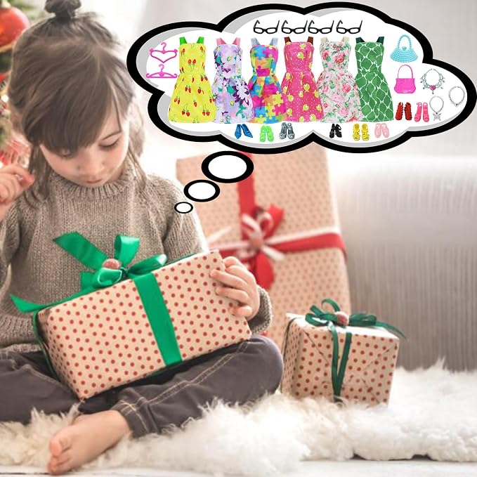 42 pcs Doll Clothes and Accessories Including 10 pcs Fashion Mini Dresses 32 pcs Shoes, Glasses, Necklaces, Handbag, Hangers Accessories for 11.5 Inch Girl Doll
