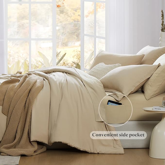 WRENSONGE Full Size Comforter Set- 7 Pieces Soft Beige Bed in a Bag Full with Fitted Sheet, Flat Sheet, 2 Pillow Shams, 2 Pillowcases, Warm Bedding Sets for All Season
