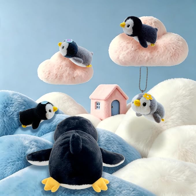 Penguin Stuffed Animal，Cute Penguin Mommy Stuffed Animal with 4 Baby Penguin Plushies in Tummy，Kawaii Penguin Plush Toy Gift for Kids Girls Boys