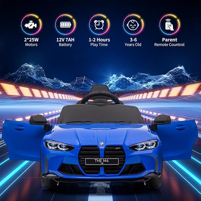 12V Ride On Car for Kids，Licensed BMW M4 Battery Powered Vehicle Car for Boys and Girls, with Remote Control,3 Speed,Led Light (Blue)