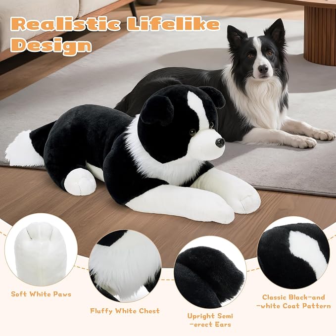 MaoGoLan Giant Border Collie Dog Stuffed Animal Plush, Realistic Cute 39" Large Stuffed Dog Plush Pillow Toys, Gift for Kids Boys Girls Adults