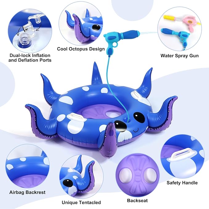2 Pack Octopus Kids Pool Floats with Water Gun & Ring Toss Game, Summer Swimming Inflatable Pool Toys for Kids Ages 3-8, Outdoor Beach Water Play Gifts for Toddlers (Blue & Pink)