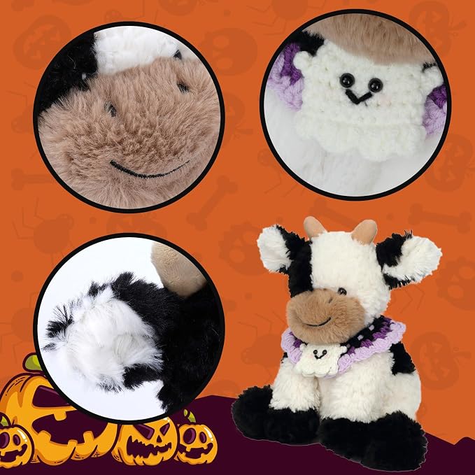 Hopearl Adorable Halloween Plush Cow Toy with Knitted Cute Ghost Bib Floppy Kawaii Dairy Cattle Soft Stuffed Animal Gifts for Boys Girls Kids Toddlers, 9''