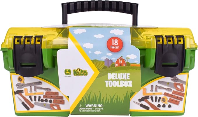 John Deere 18 Piece Deluxe Tool Box, Construction Playset with Tape Measure and Tools, Interactive Building Toys, Preschool Toys for Boys and Girls