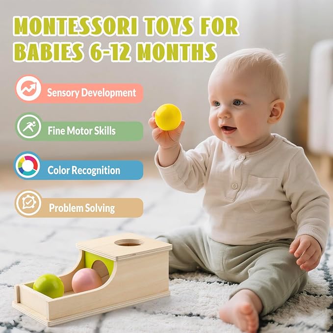 Montessori Toys for 6 Month Old, Wooden Object Permanence Box with Tray Three Balls, 8 Month Old Baby Toys, Preschool Infant Toys 6-12 Months Developmental, Cause and Effect Ball Drop Toy