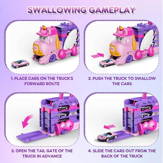 VATOS Toddler Truck Car Toys for 3 4 5 6 Year Old Girls, Foldable Race Track Toy with 6 Race Cars, Portable Transport Carrier Truck with Light & Music, Princess Toys Cars Gift for Kids Girls