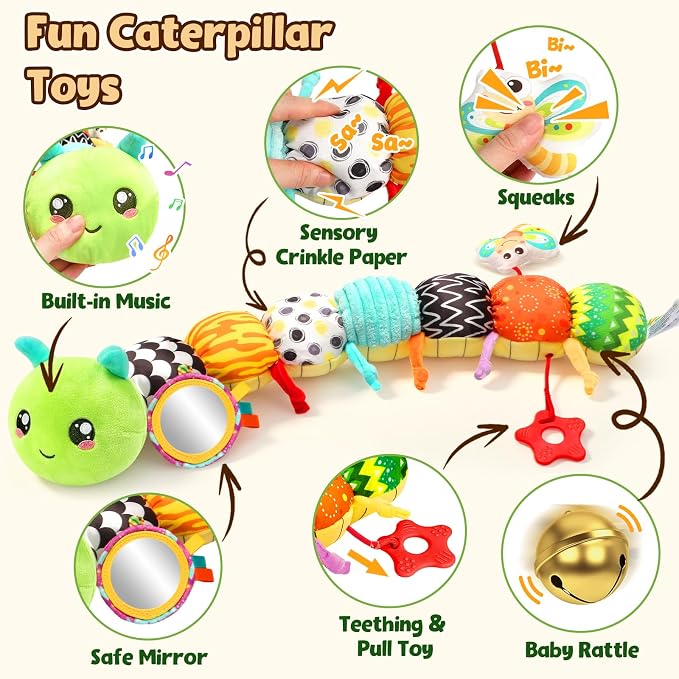Baby Toys 0-6 6-12 Months, Caterpillar Musical Stuffed Animals Toys with Rattles Crinkle Mirror, Newborn Infant Tummy Time Toys 0-3 Months, Baby Sensory Toys for Boys Grils Shower Gifts