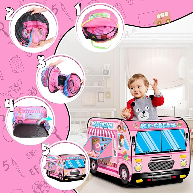 Pop up Play Tent for Kids Aged 3-5 Years Old Boys and Girls : Ice Cream Playhouse Toy Play Tents for Toddlers 3-5 Kids Tent Indoor Outdoor Playhouse Toys for 3 + Year Old, Ice Cream