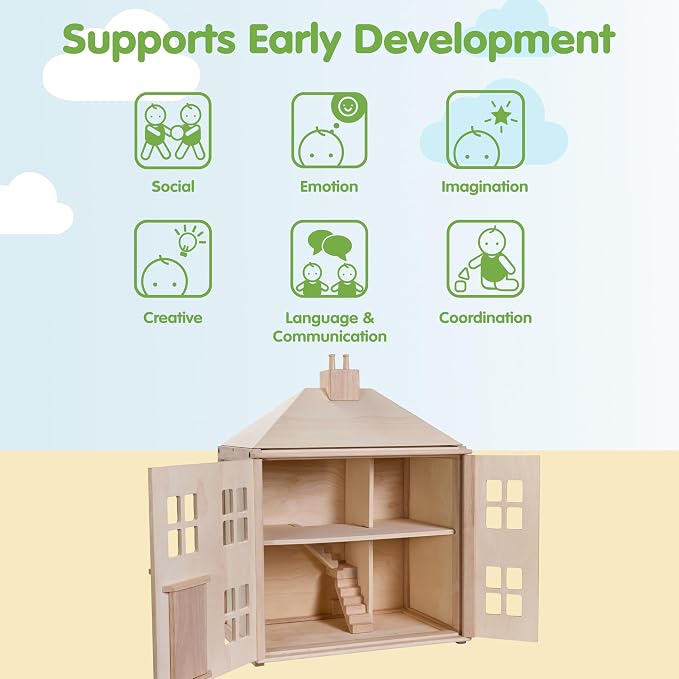 PlanToys® Wooden Georgian Dollhouse | 2-Storey House with Opening Door & Front Panels, Chimney & Staircases | Montessori Pretend Play House Compatible with 1:12 Scale Furniture & Wooden Dolls