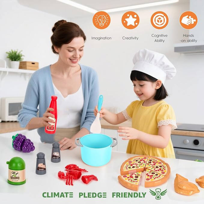 80Pcs Kitchen Playset, Toddler Pretend Cooking with Pots, Pans, Cookware, Food, Picnic Blanket, Fruits, Veges, Shopping Storage Basket, Dessert , Learning Gift for Girls Boys (Turquoise)