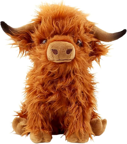 rivoeis 10.5 inches Highland Cows Stuffed Animals, Cute Fluffy Cow Plush Figure Toys Realistic Highland Cattle Plush Decor for Kids Baby Girls Boys