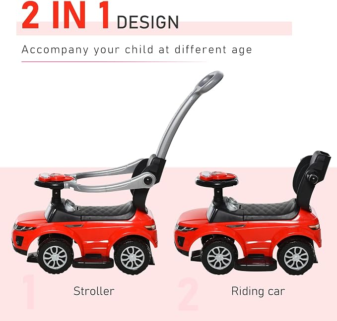 Aosom 3 in 1 Push Cars for Toddlers Kid Ride on Push Car Stroller Sliding Car with Horn Music Light Function Secure Bar Ride on Toy for Boy Girl 18-36 Months Red
