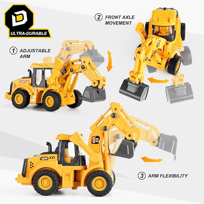 11" Excavator Toy, 1: 18 Scale, Rolling Wheels Inertia-Powered, Heavy‑Duty Plastic, with Lights & Rumbling Action, Working Boom & Bucket, Indoor/Outdoor Sandbox Vehicle for Ages 3 + - Easter Gifts