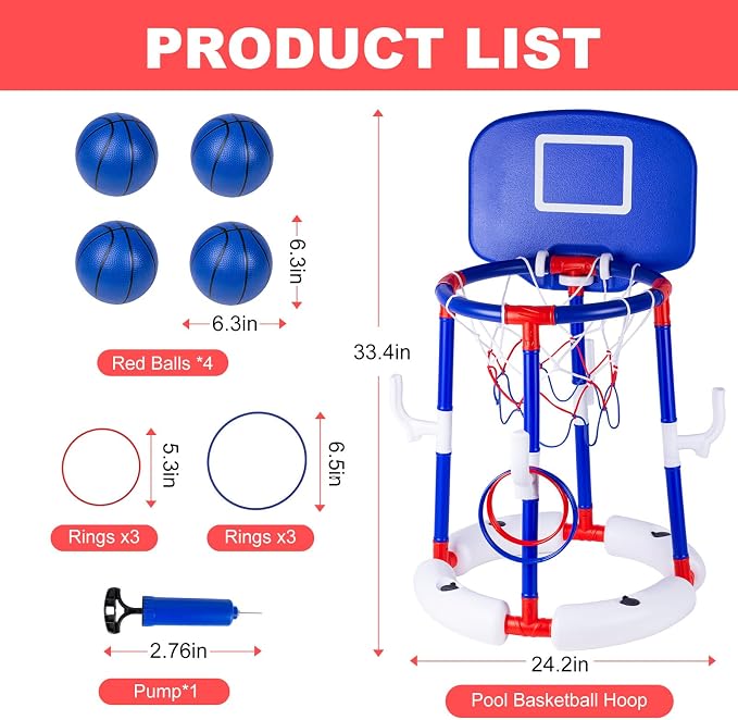 2-in-1 Floating Pool Basketball Hoop Set,Blue Swimming Pool Basketball Hoop with Backboard,4 Balls,6 Rings & Pump,Water Basketball Hoop for Pool Party Fun & Outdoor Indoor Pool Toys