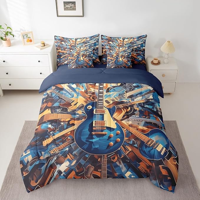 Feelyou Guitar Comforter Set with Sheets King Size Rock Music Bed in a Bag for Boys Girls Teens Navy Blue 7 Pieces Bedding Set Soft Lightweight Microfiber