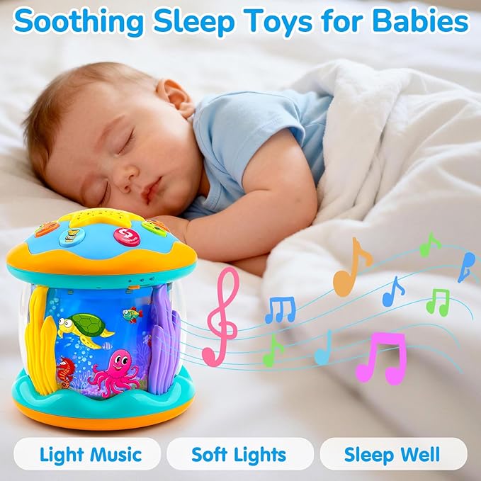 Tsomtto Baby Toys Ocean Projector Rotating Musical Light Up Tummy Time Toys for Infants Baby Aquarium Crawling Toys Newborn Boy Girl Birthday Shower Gifts