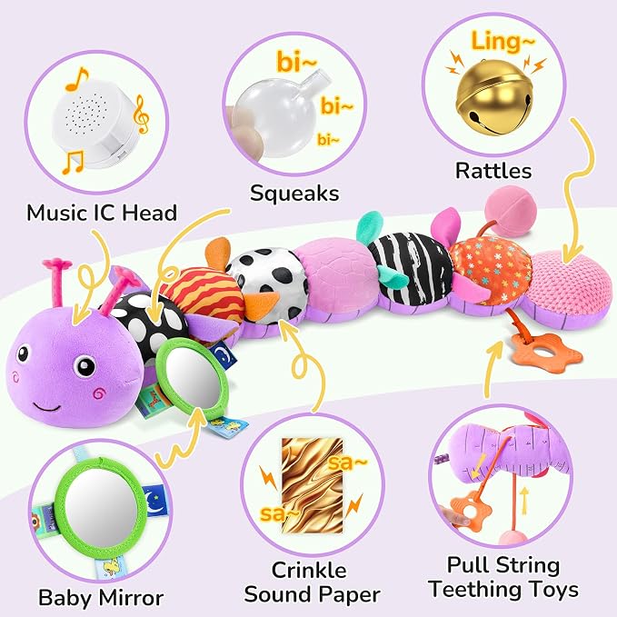 AWOTOY Baby Toys 6-12 Months Music Caterpillar Infant Toys Stuffed Animals | 0-3-6 Months Sensory Toys Tummy Time Teething Toys with Mirror Pull String Rattle for Newborn Boy Girl Shower Birthday Gifts