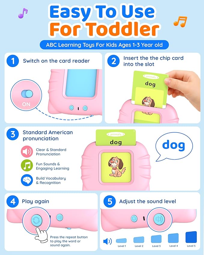 Aullsaty Talking Flash Cards for Toddlers 1-5 Years Old, Upgraded 536 Sight Words with 6 Songs Montessori Autism Sensory Toys, Educational Learning Speech Therapy Birthday Gifts for Boys Girls (Pink)