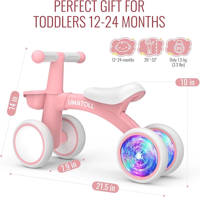 Umatoll Colorful Lighting Baby Balance Bike Toys for 1 Year Old Girl Gifts, Adjustable Seat, First Birthday Gifts, 12-24 Months Toddler Bike, Pink