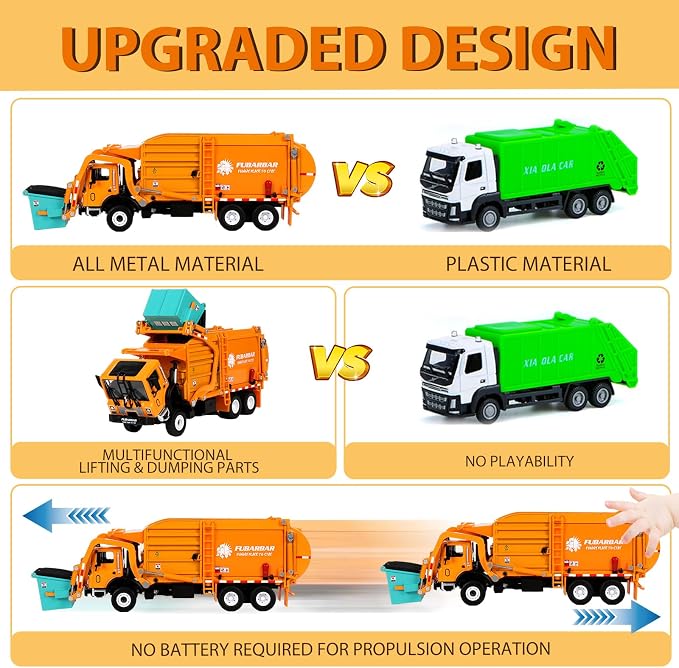 FUBARBAR Truck Toy Model – 1:43 Diecast Metal Garbage Recycling Waste Transport Truck with Trash Bin, Pull Back Model Car Toy for Kids 4-6 Age Boys Birthday Gift (Orange)