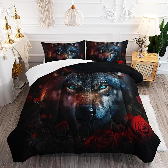 AILONEN Wolf Comforter Set - Queen Size, Red Rose & Brown Animal Duvet Set for Boys & Girls - 3 Pieces: 1 Quilt, 2 Pillowcases