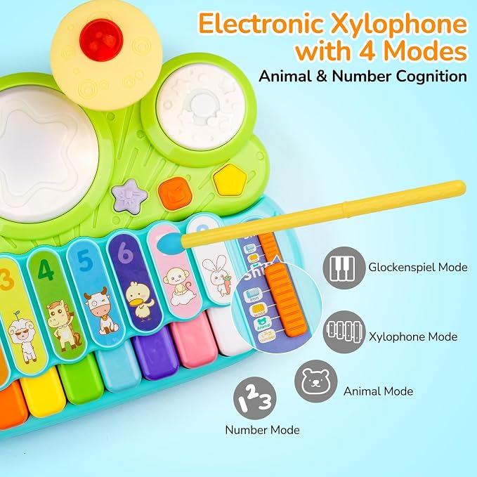 Baby Piano Drum Set for Toddlers 1-3, Musical Toys 3 in 1 Baby DJ Table Piano Keyboard Xylophone Drum Instruments for 1 2 Year Old Boys Girls Music & Light Activity Table Babies First Birthday Gifts
