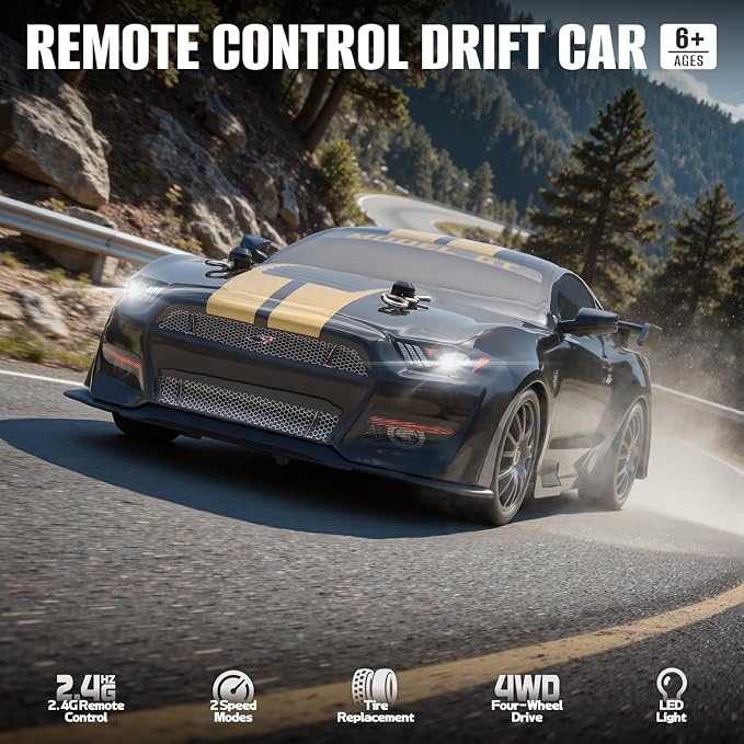 RC Drift Car, 1:24 Scale Remote Control Cars Vehicle for Kids, 2.4GHz 20KM/H 4WD High Speed RC Cars with LED Light Two Batteries & Drifting Tires Racing Sport Toy Car for Adults Boys Girls 8602BK