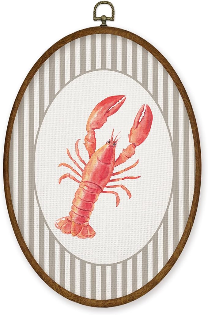 WULQYING Coastal Beach Red Lobster Wall Art Decor, Beach Nursery Oval Framed Canvas Art Prints, Neutral Striped Ocean Crawfish Wall Hanging Decor for Home Bedroom Kids Nursery Room, 8.6x11.4 Inches