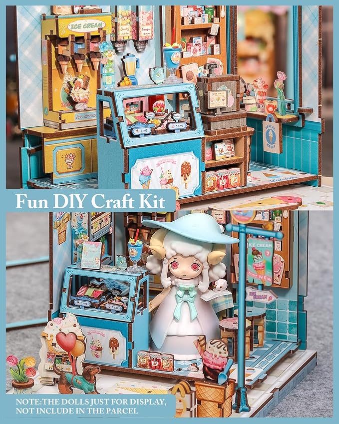 Cutefun Book Nook Kit - DIY Miniature Dollhouse Kit for Adults and Teens, 3D Wooden Puzzle Bookshelf Insert Decor with LED Light, Gifts for Book Lovers and Beginners (Bella's Ice Cream)