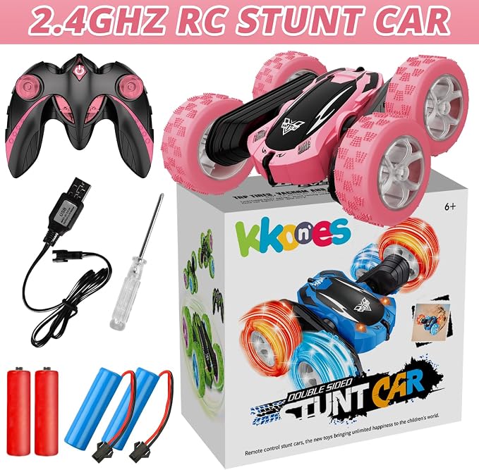 Remote Control Car, 2.4GHz RC Stunt Car, Double Sided 360° Rotating RC Cars with LED Headlight & LED Wheel, High Speed Off Road RC Crawler Xmas Gift for 3 4 5 6 7 8-12 Year Old Girls Toys (Pink)