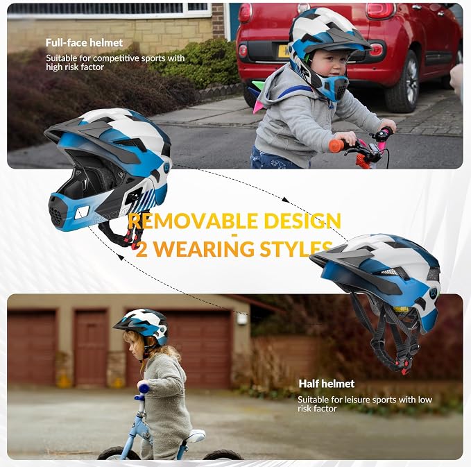 ROCKBROS Kids Full Face Helmet Kids Bike Helmets Lightweight Toddler Mountain Bike Helmet Detachable for MTB BMX Skating Cycling Scooter Safety Bicycle Helmets for Youth Child Boys Girls Ages 3-16