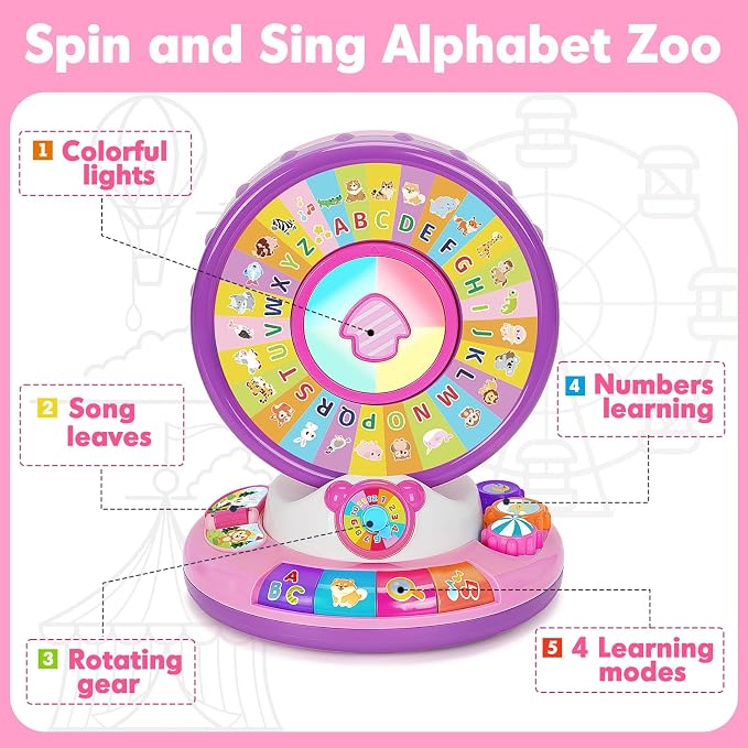 Toys for 1 2 3 Year Old Boys Girls, Musical Spin and Sing Alphabet Zoo, Learning Toys for Toddlers 1-3, Educational Interactive Toys, Christmas Birthday Gift for Baby Age 6-9-12-18 Months (Purple)