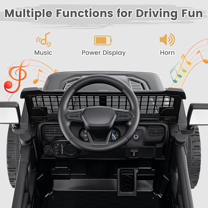 OLAKIDS 12V Ride On Truck, Battery Powered Electric Vehicle for Kids with Remote Control, Foldable Reflective Mirror, Spring Suspension, Music, LED Lights, Ride on Toy for 3+ Boys Girls (Black)