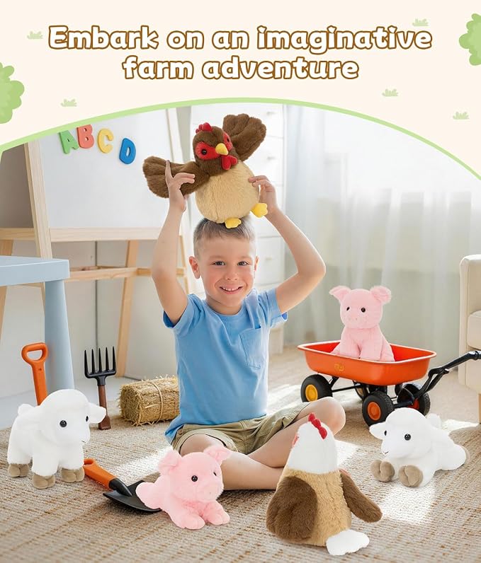 Tezituor Farm Animal Stuffed Animals 6 Pack, 8 Inch Plush Toys Bulk with Chicken Pig Lamb, Soft Barnyard Animal Plushies for Kids Toddlers, Farm Theme Party Favors, Birthday Gifts, Classroom Prizes