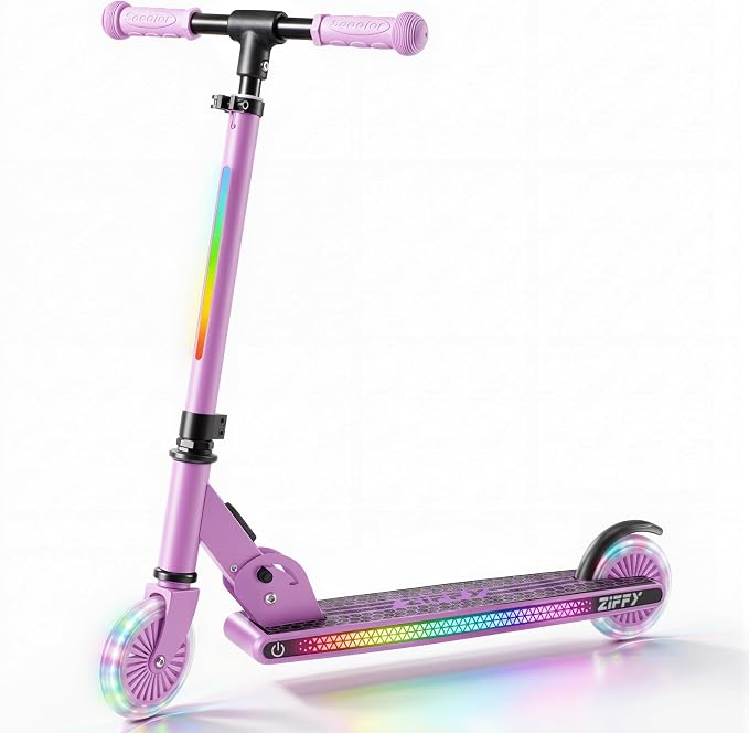 JOVA ZIFFY Light Up Scooter for Kids 3-12, 2 Wheel Foldable Kids Kick Scooter, 3 Adjustable Height, ABEC-7 Bearing with 4'' PU Wheels, Rear Foot Brake, Gift for Boys& Girls (Up to 110lb)