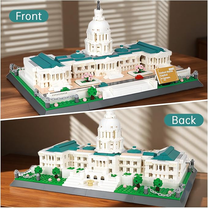 United States Capitol Building Blocks Set 1074 Pieces Washington D.C. Architecture Model Kit with Nameplate & Chain Fence USA Landmark Souvenir Gift Construction Toy for Adults & Teens