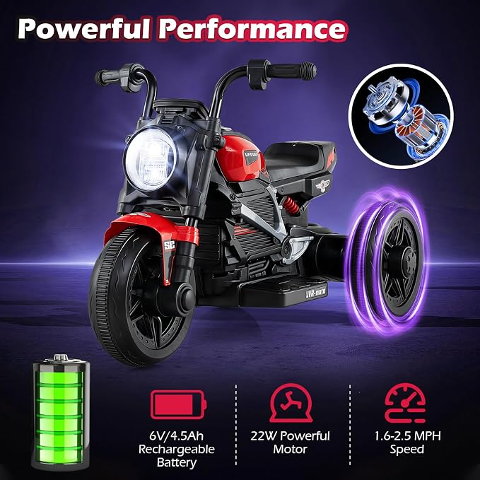 Costzon Toddler Motorcycle, 6V Chopper Kids Motorcycle Ride On Toy with LED Headlight, Music, Story, 3-Wheel Stable Electric Motorbike for Toddlers Boys Girls (Red, 31" x 18.5" x 19.5"(L x W x H))