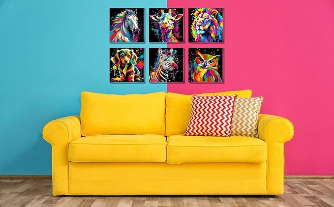 6 Pack Framed Paint by Numbers Kits for Beginners, Color Animal Paint by Number Kits for Kids Ages 4-8-12, DIY Horse Giraffe Lion Paint by Numbers on Canvas Children Paints by Number Kits 8x8Inch