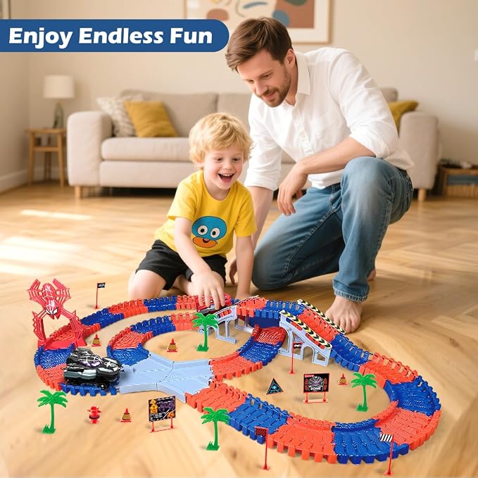 KaeKid Spider Race Track for Boys 3-8, 212PCS Race Car Track with 2 Spider Cars, DIY Flexible Track Playset, Toddler Toys Birthday Gifts for Kids