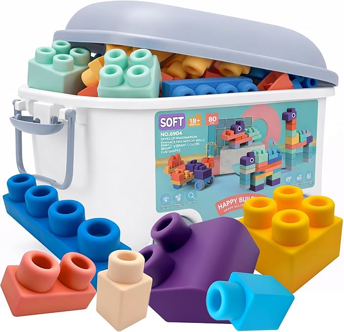 Baby Building Blocks Set, 80PCS Blocks for Babies 6 Months and Up | Rubber Soft Blocks with Storage Bucket, Large Building Blocks, Educational Stacking Toys, Toddler Gifts