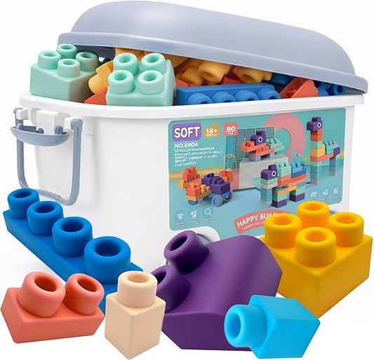 Baby Building Blocks Set, 80PCS Blocks for Babies 6 Months and Up | Rubber Soft Blocks with Storage Bucket, Large Building Blocks, Educational Stacking Toys, Toddler Gifts