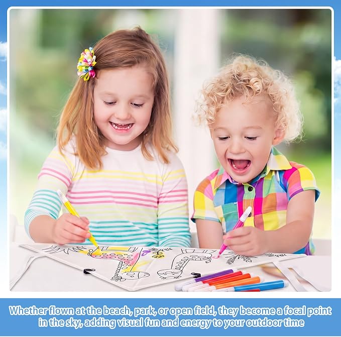 Syhood 60 Pcs DIY Coloring Kites Kit for Kids Pre-Printed Cartoon Animal Kites Summer Decorating Making Kit with Watercolor Pens and Strings Handles for Outdoor Game and Activities