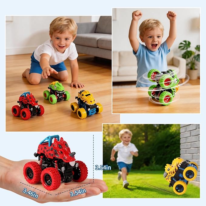 Dinosaur Toys for 2 3 4 5 Year Old Boys - 3 Pack Monster Truck Toys with Friction Power 360° Rotating Push and Go Cars for Toddlers Ages 2-4-6 - Boys Girls Birthday Gifts for Kids 3-5