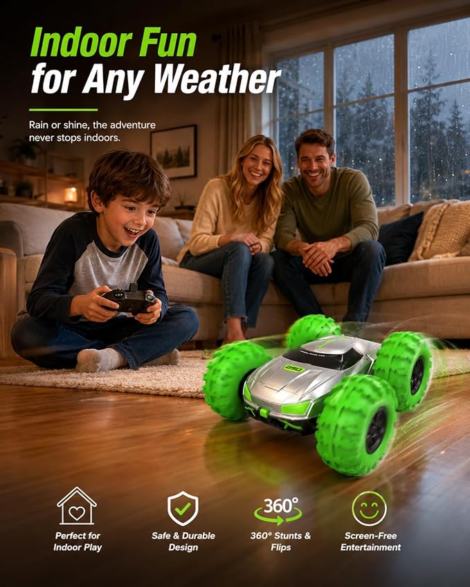 RC Stunt Car for Kids & Dog Chase Fun, 4WD Remote Control Car with Inflatable Bounce Tires, 360° Flips & Spins, Double-Sided Driving, LED Lights, Outdoor Backyard Toy, Gift for Boys Girls