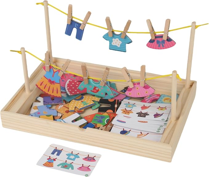 Montessori Practical Life Clothes Hanging Job, Laundry Activity Set with Rope Strings, Clothespins & Dress-Up Air Drying Game Airing Clothes for Toddlers Kids Ages 2-6, Classroom Educational Toy Gift