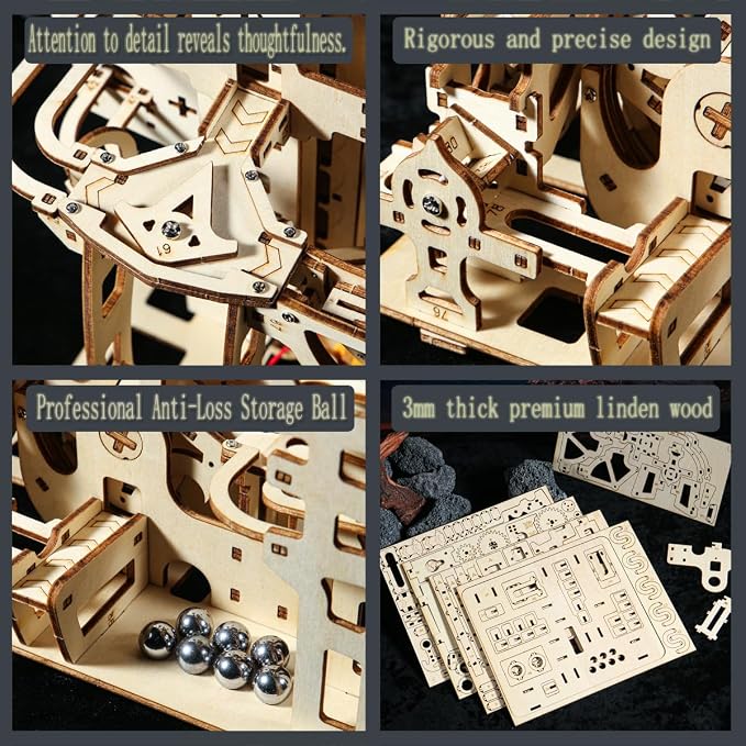Adult 3D Wooden Marble Run Puzzle Kit, DIY Mechanical Model Construction Set, Educational STEM Puzzle Desktop Toy or Decorative Item for Teens Aged 14 and Up