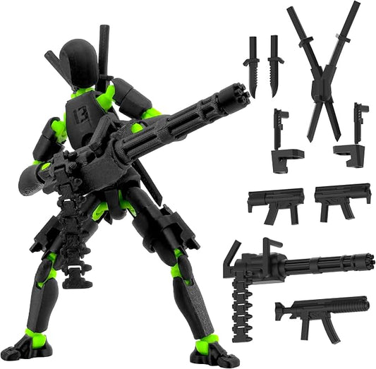 Gatling Gun Titan 13 Action Figure Set【Assembled】, Robot T Action Figure 3D Printed Dummy 13 Action Fidget Toys Figure Articulated, Lucky 13 for Collectors Desktop Decorations (Black-Green)